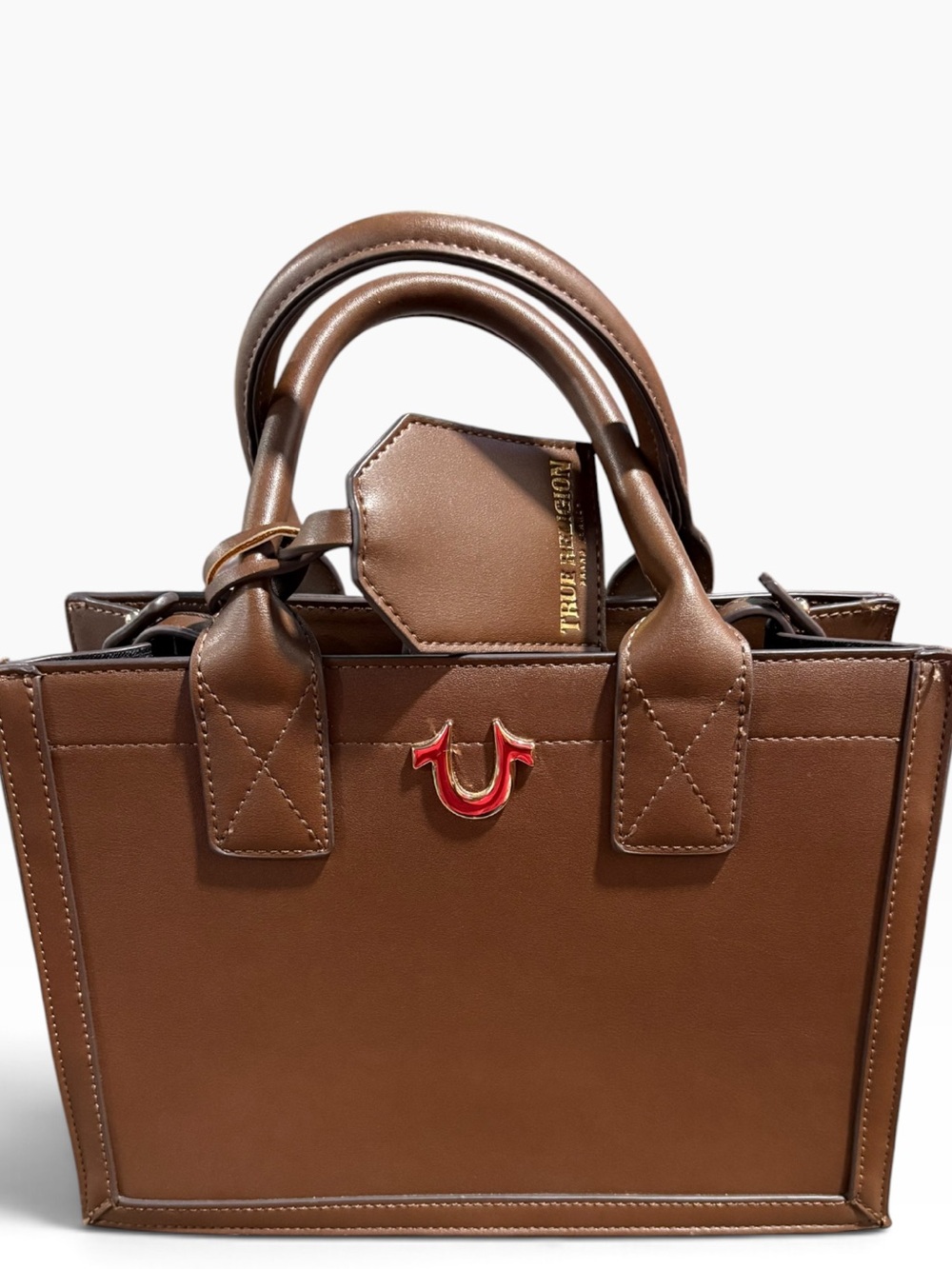 True Religion Brown Leather Tote Purse with Logo Accent